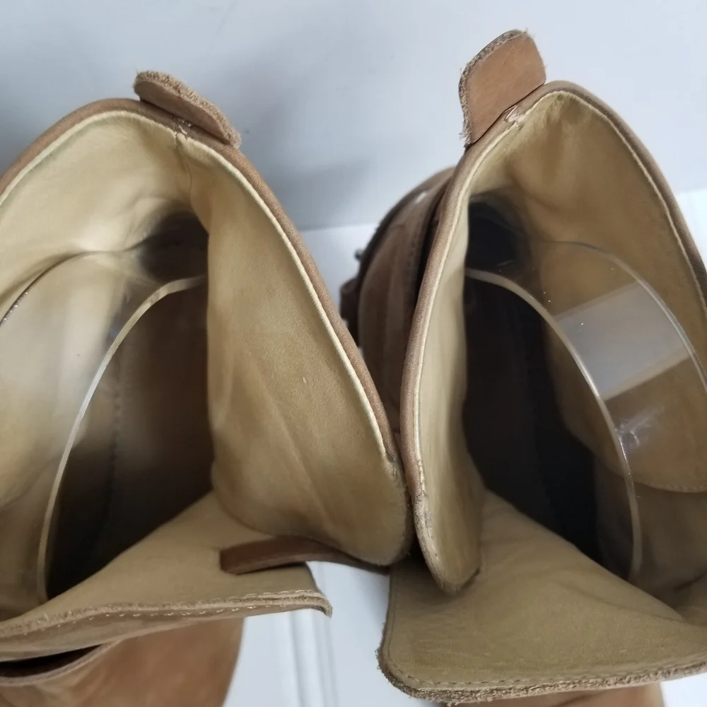Rag & Bone Kinsey Boots 37.5 Suede Ankle Wrap Strap Chunky Heel Tan Italy